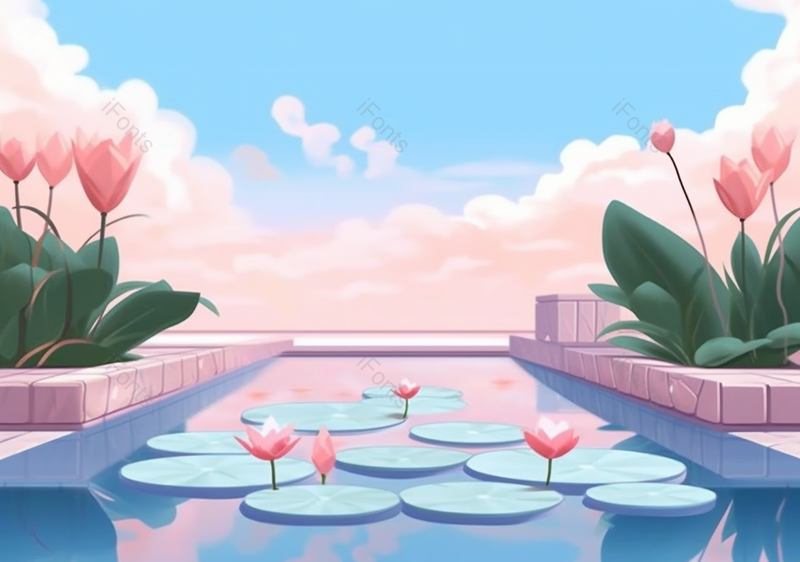 庭院里红色盛开的荷花和插画背景,插画/手绘图,插画/手绘图库,插画/手绘图下载,插画/手绘